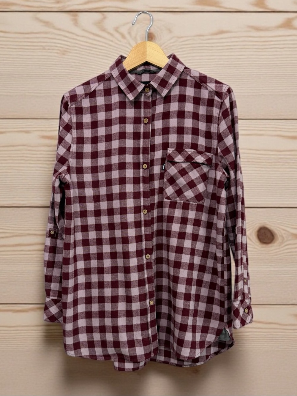 tentree Women’s Burgundy and White Check Organic Flannel Button-Down Shirt Med